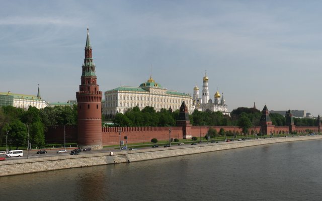 Moscow Kremlin towers and Grand Kremlin Palace beside the Moskva River