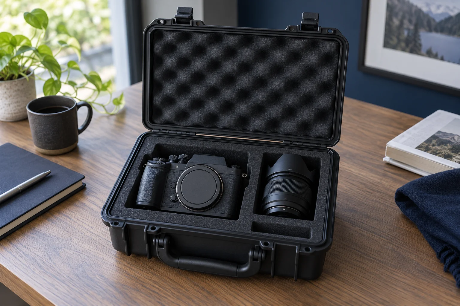 Camera and lens securely packed in a protective case