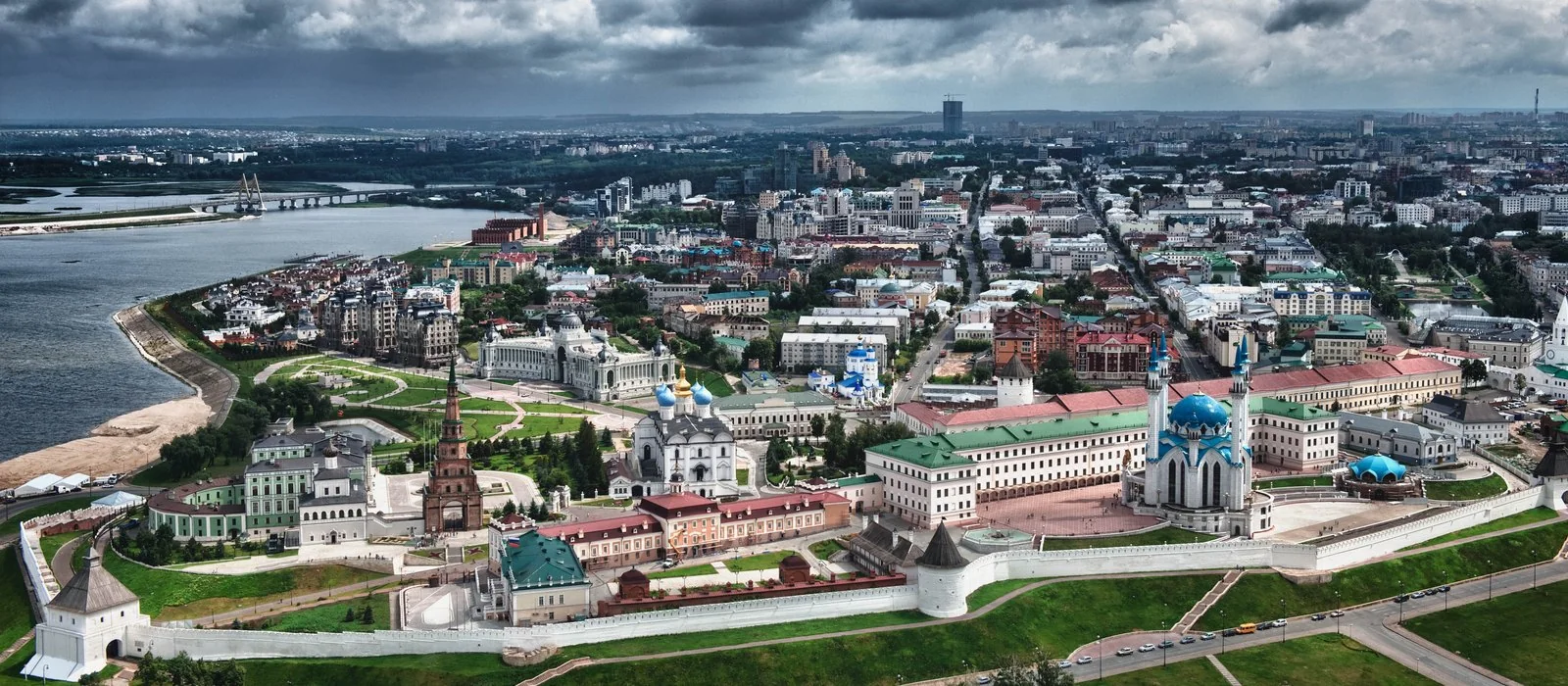 Kazan Kremlin walls with the blue-domed Kul Sharif Mosque and city skyline